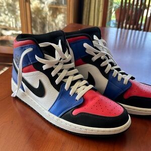 Jordan 1 mid Top 3 Sneakers in Red, Blue, White, and Black